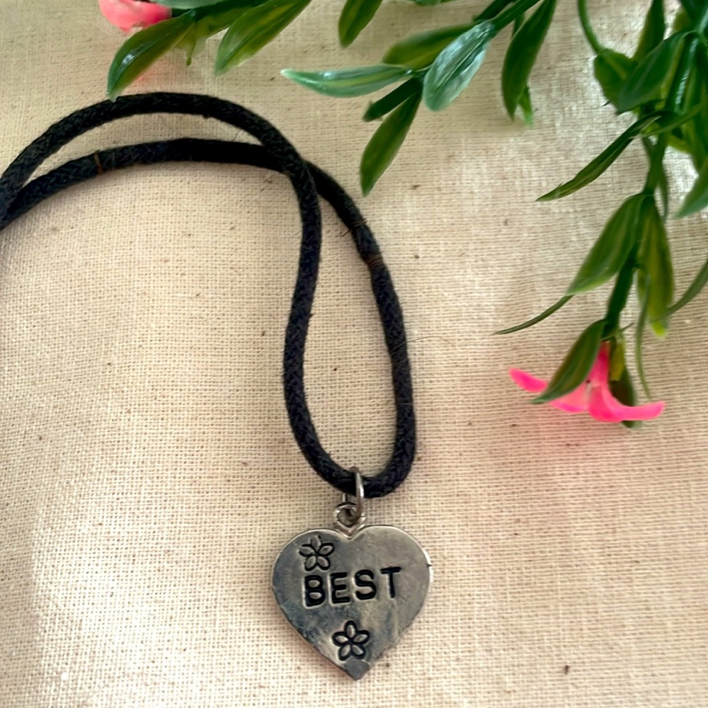 Silver Heart Pendant Engraved BEST Black Cord Rope Chain Necklace 14 Inch